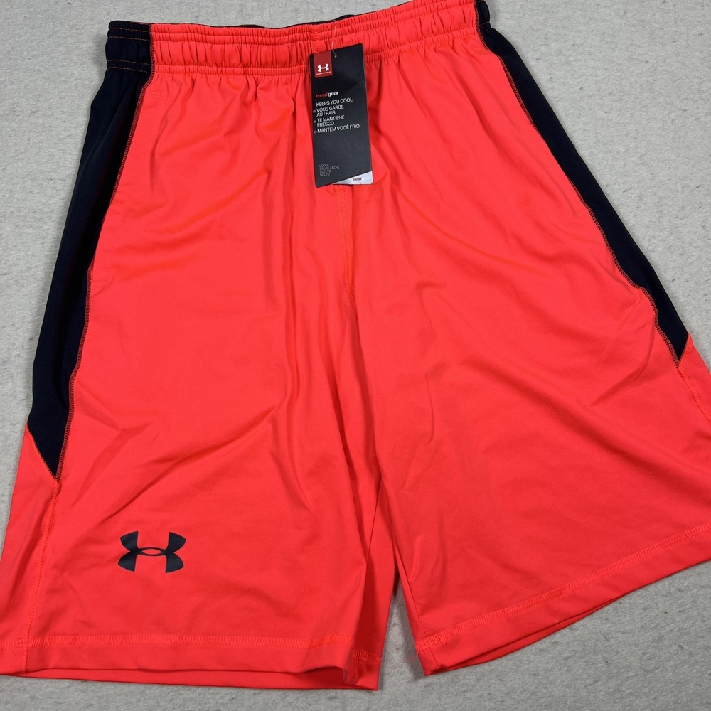 Under Armour HeatGear Shorts Mens Small Orange Navy Loose Fit Athletic Training
